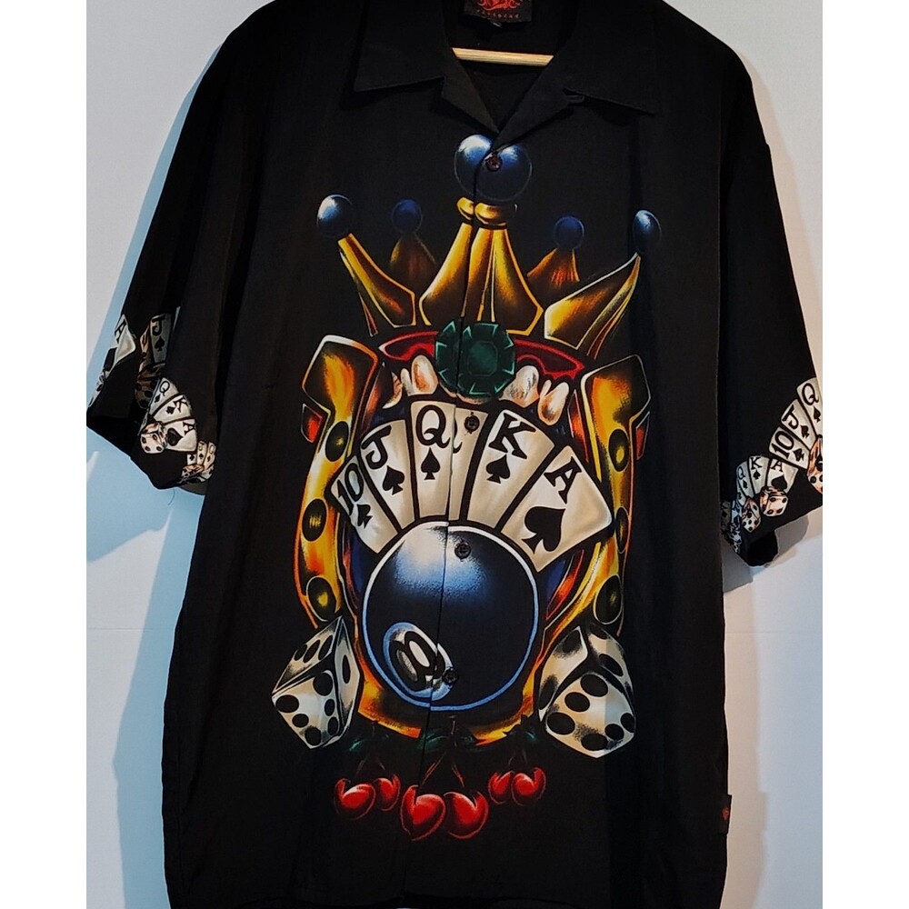 D Clothing Black Mens Casino Graphic Short Sleeve Button Down